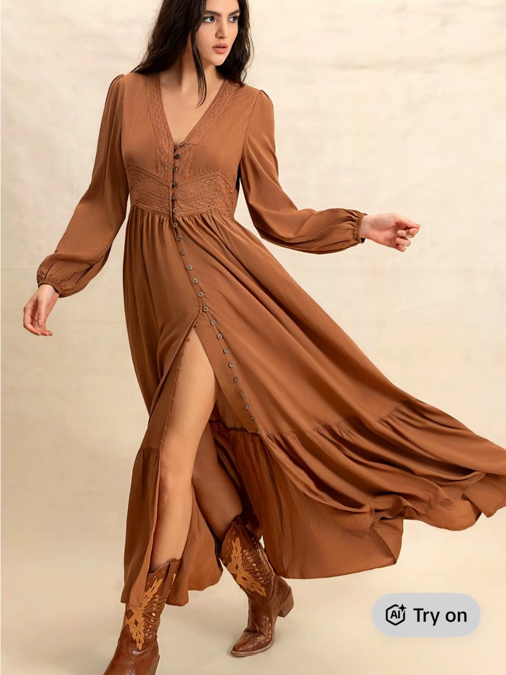 Rustyydustty Womens Long Sleeve Button-Front Maxi Dress in Brown